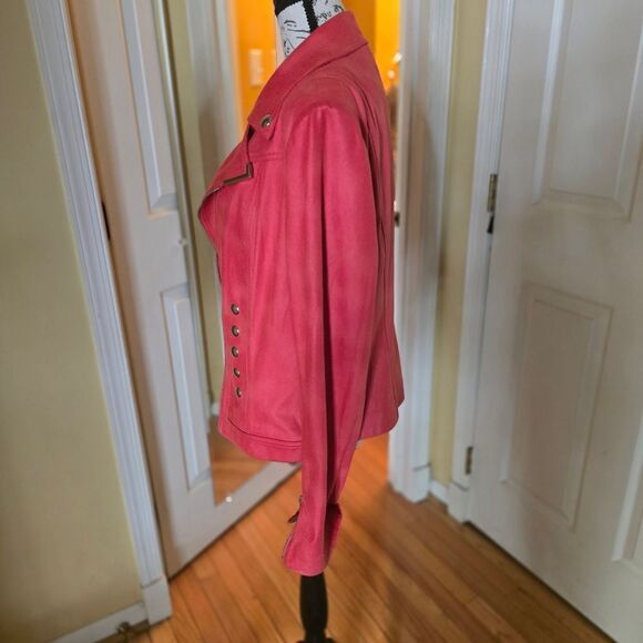 Lena Gabrielle Distressed FAUX Leather Jacket in Red - Picture 3 of 6